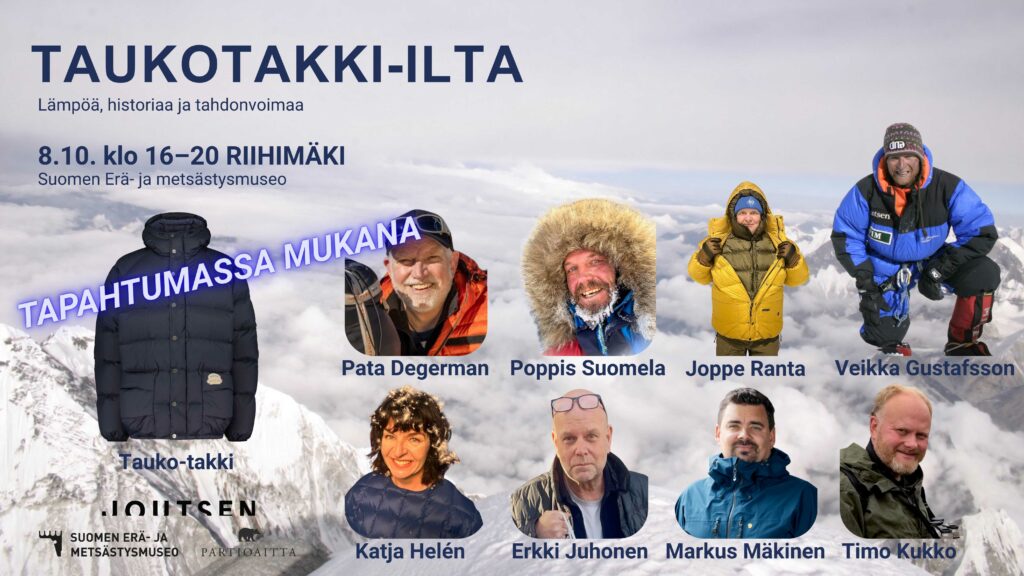 Talvisella pohjalla kasvokuvia Taukotakki-tapahtumaan osallistuvista esiintyjistä.